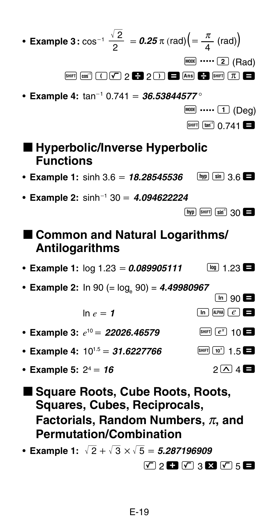 K hyperbolic/inverse hyperbolic functions, K common and natural logarithms/ antilogarithms, And permutation/combination | Casio FX-820MS User Manual | Page 21 / 38