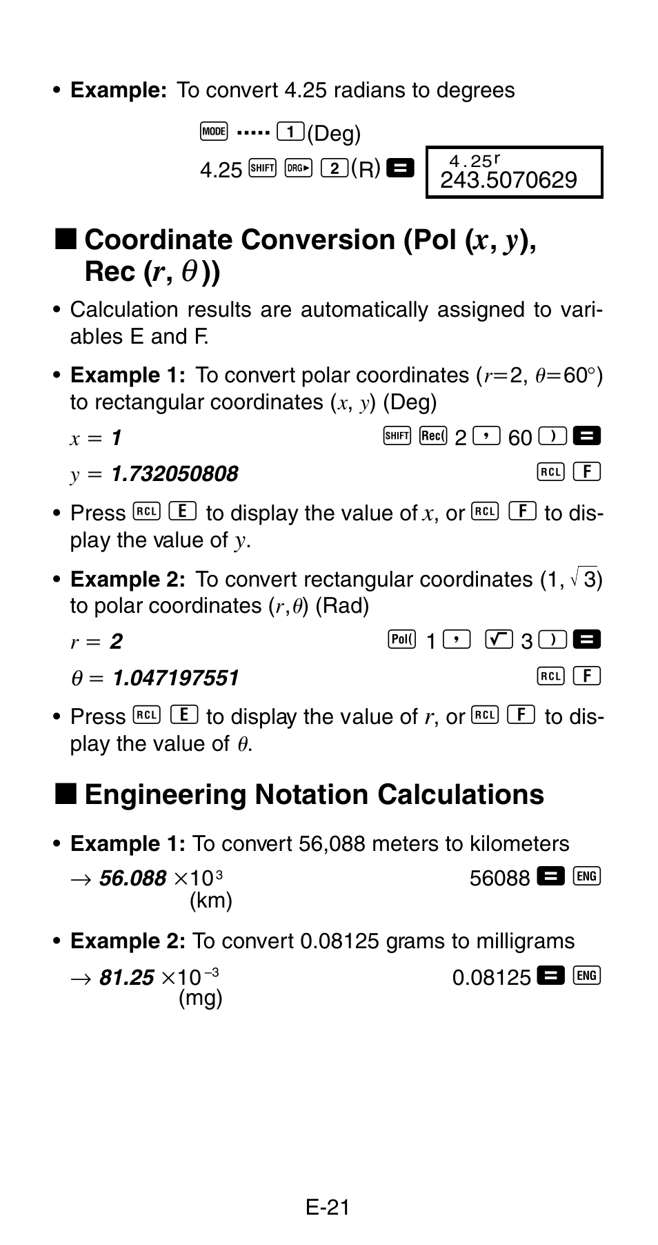 K coordinate conversion (pol, K engineering notation calculations | Casio FX-820MS User Manual | Page 23 / 38