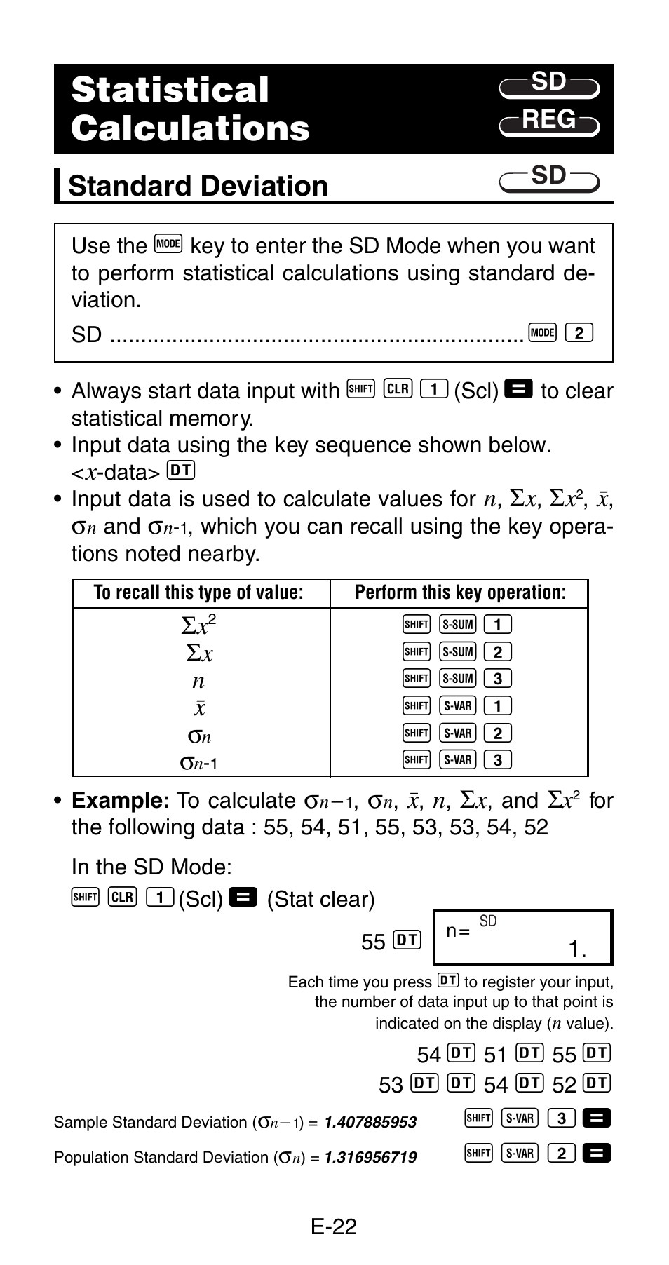 Statistical calculations, Standard deviation | Casio FX-820MS User Manual | Page 24 / 38
