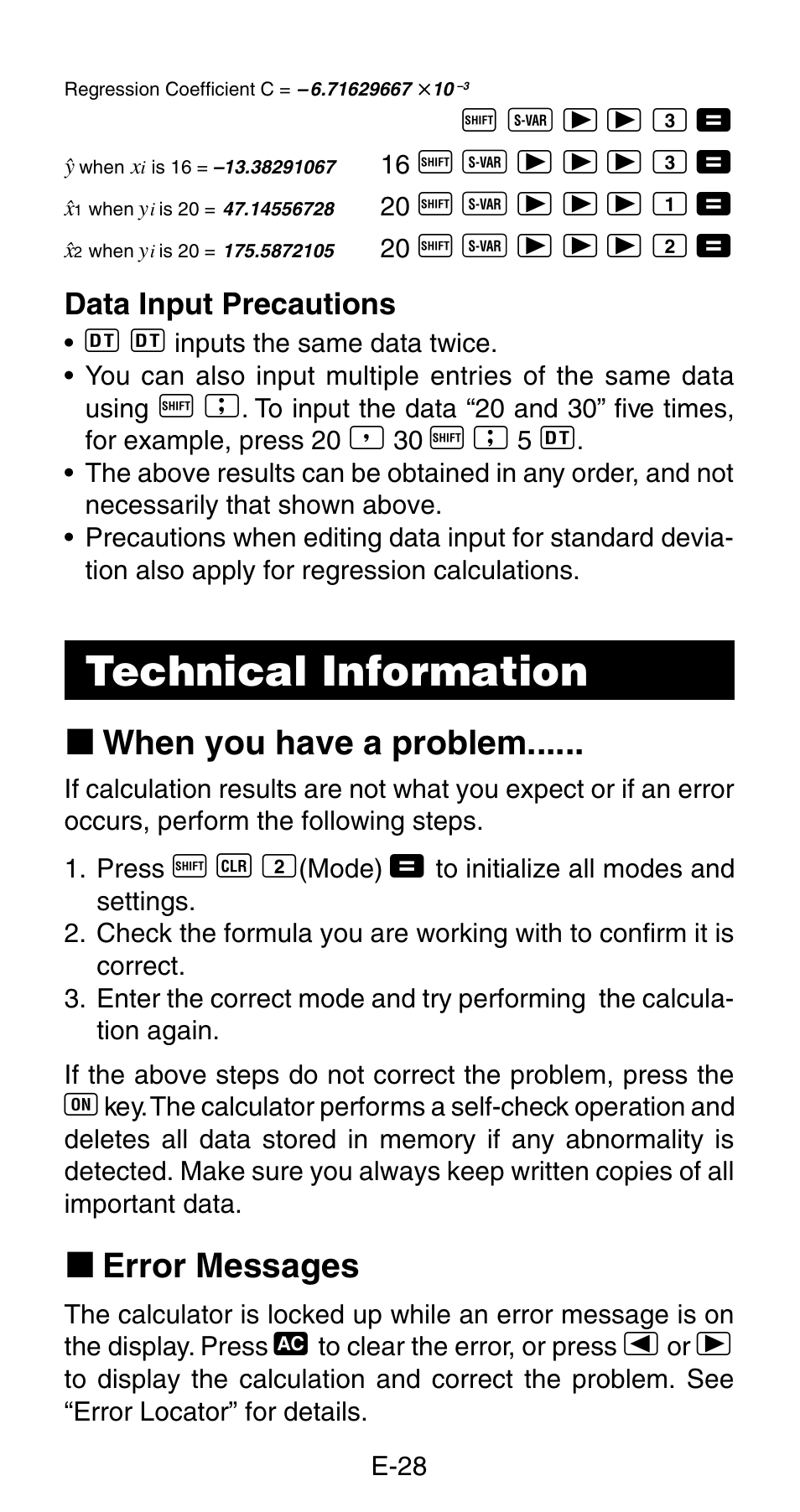 Technical information, K when you have a problem, K error messages | Casio FX-820MS User Manual | Page 30 / 38