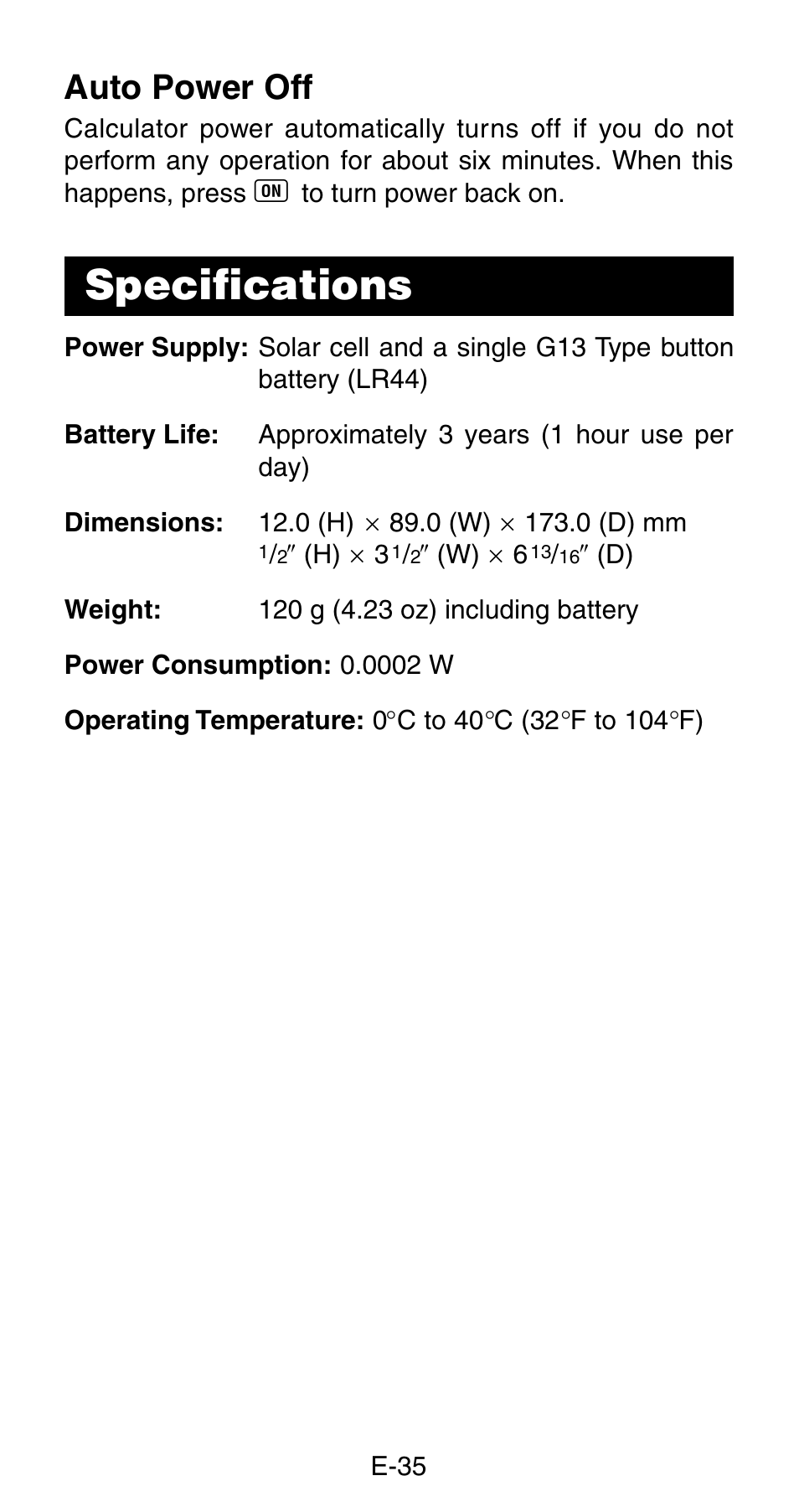 Specifications, Auto power off | Casio FX-820MS User Manual | Page 37 / 38