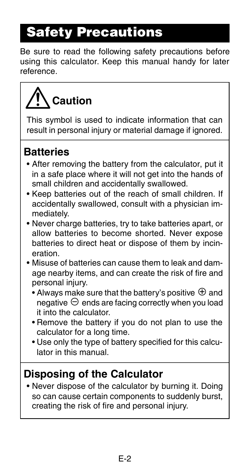 Safety precautions, Caution, Batteries | Disposing of the calculator | Casio FX-820MS User Manual | Page 4 / 38