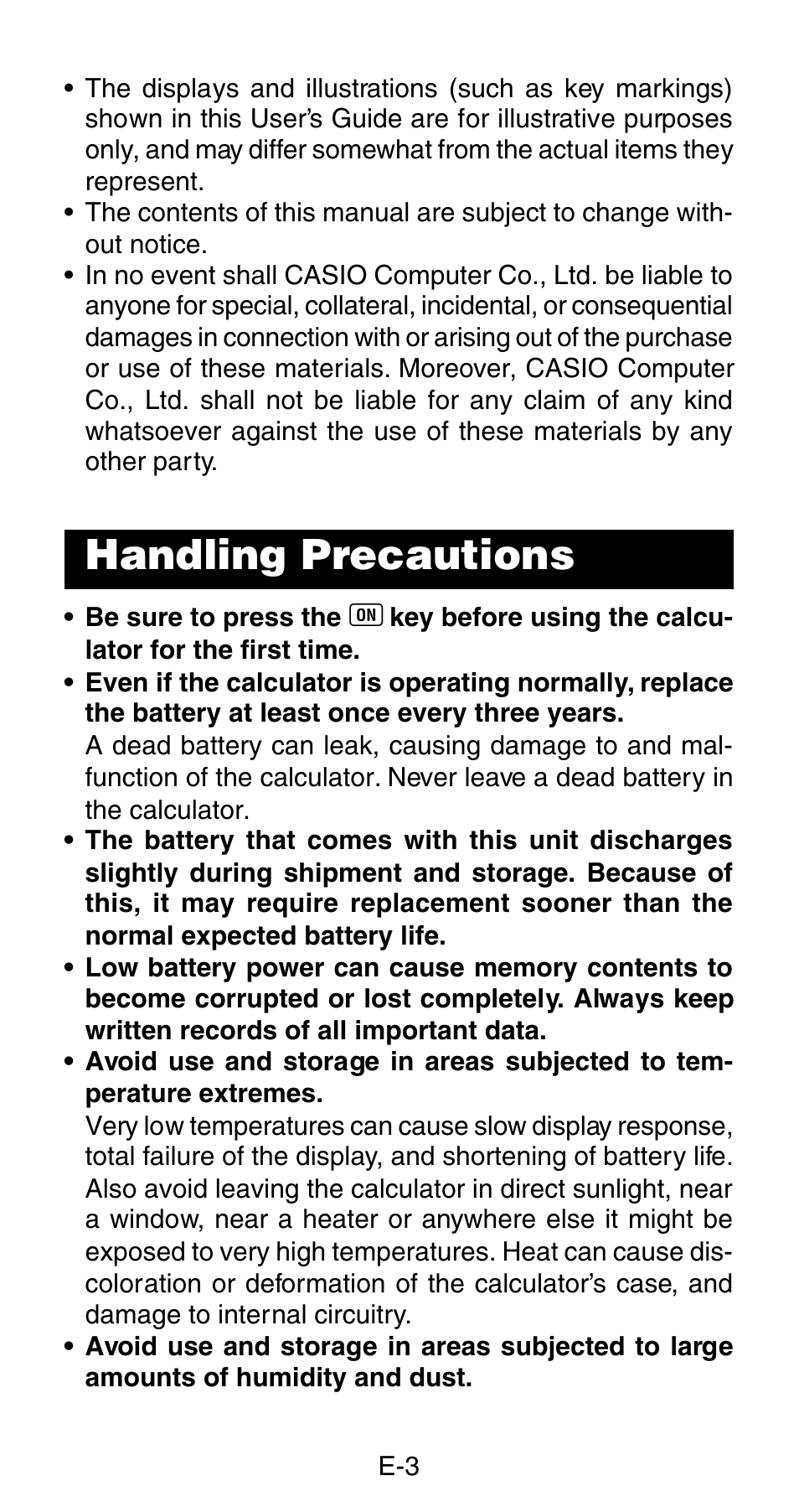 Handling precautions | Casio FX-820MS User Manual | Page 5 / 38