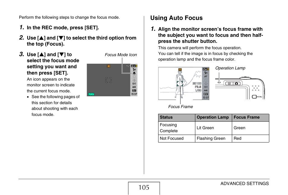Using auto focus, Using auto focus 1 | Casio EX-Z1050 User Manual | Page 105 / 252