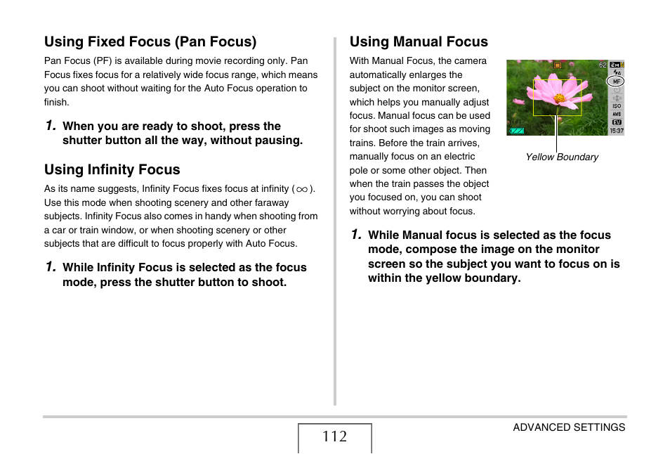 Using fixed focus (pan focus), Using infinity focus, Using manual focus | Casio EX-Z1050 User Manual | Page 112 / 252