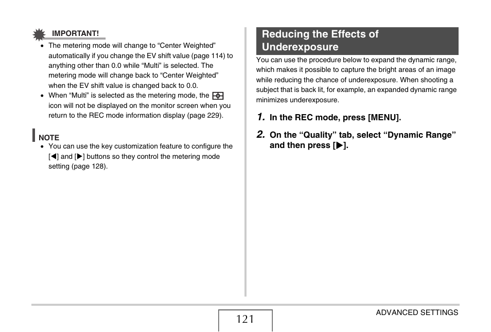 Reducing the effects of underexposure | Casio EX-Z1050 User Manual | Page 121 / 252