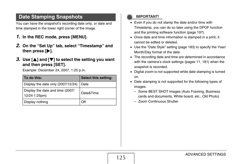 Date stamping snapshots | Casio EX-Z1050 User Manual | Page 125 / 252