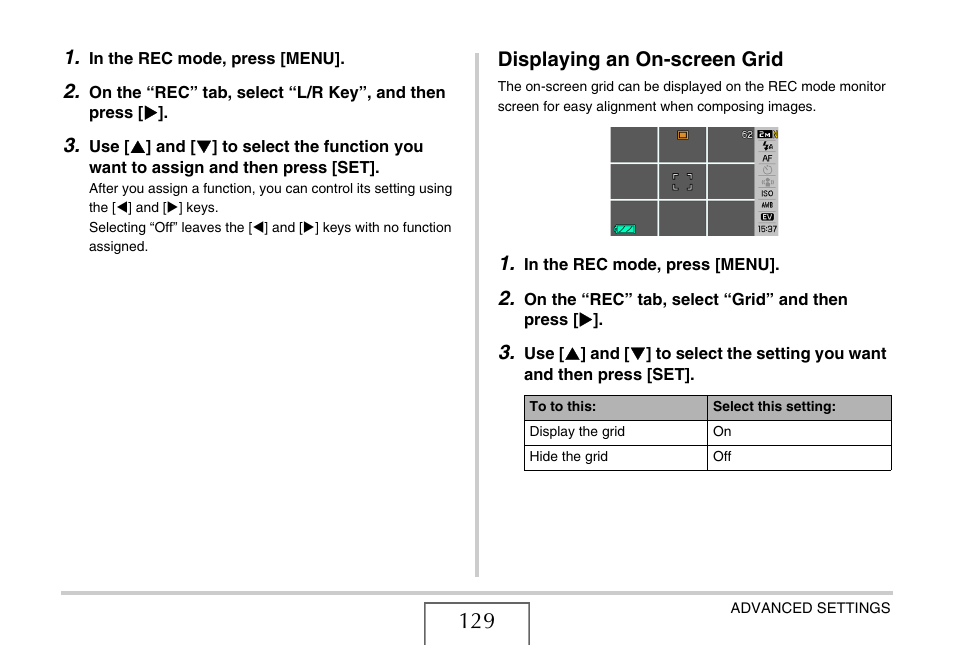 Displaying an on-screen grid | Casio EX-Z1050 User Manual | Page 129 / 252
