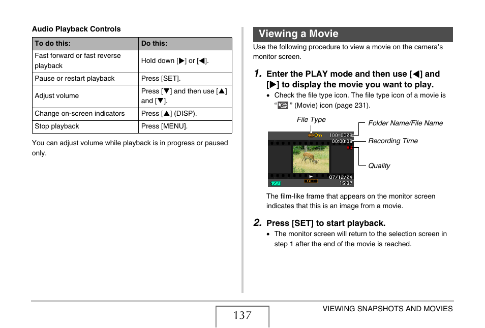 Viewing a movie, E 137) | Casio EX-Z1050 User Manual | Page 137 / 252