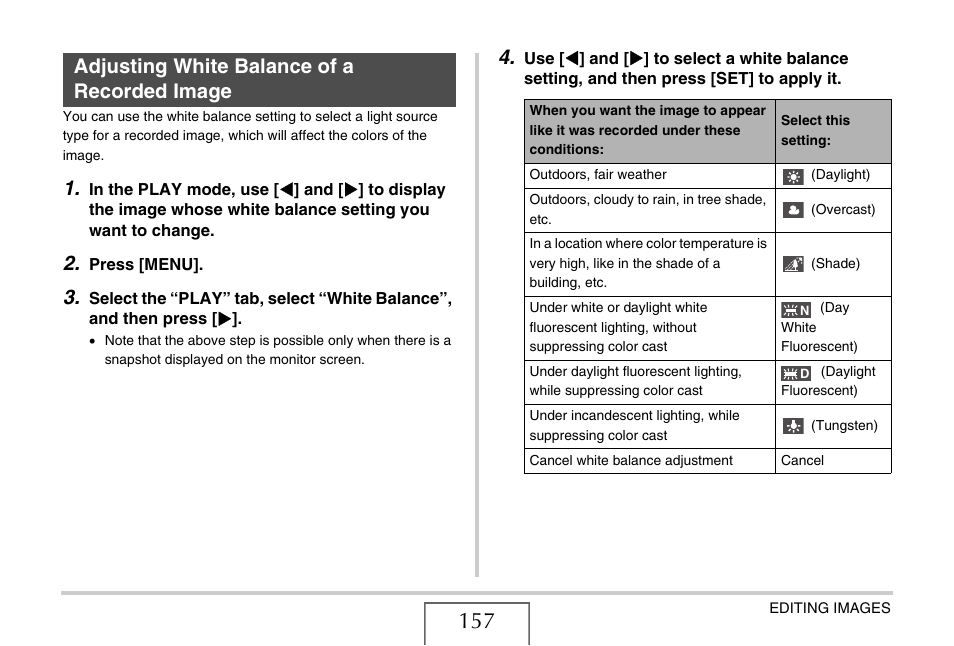 Adjusting white balance of a recorded image | Casio EX-Z1050 User Manual | Page 157 / 252