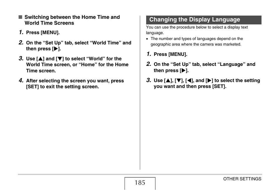 Changing the display language | Casio EX-Z1050 User Manual | Page 185 / 252