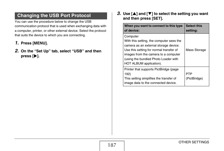 Changing the usb port protocol | Casio EX-Z1050 User Manual | Page 187 / 252