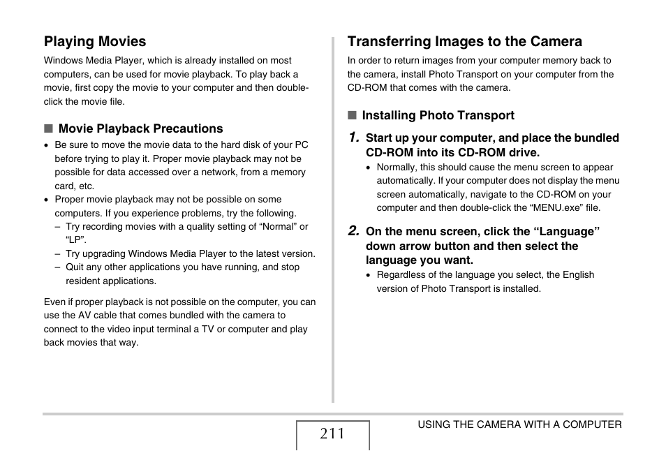 Playing movies, Transferring images to the camera | Casio EX-Z1050 User Manual | Page 211 / 252