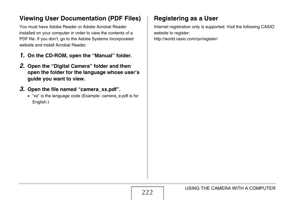 Viewing user documentation (pdf files), Registering as a user | Casio EX-Z1050 User Manual | Page 222 / 252