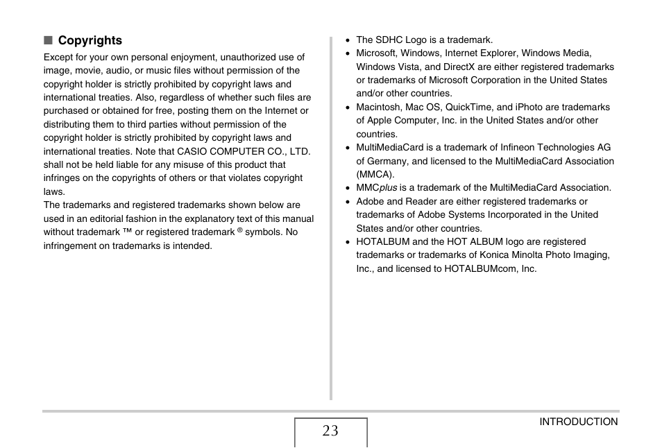 Copyrights | Casio EX-Z1050 User Manual | Page 23 / 252