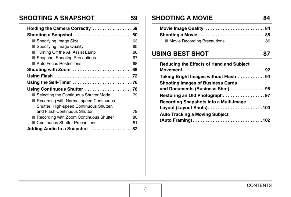 Shooting a snapshot 59, Shooting a movie 84, Using best shot 87 | Casio EX-Z1050 User Manual | Page 4 / 252
