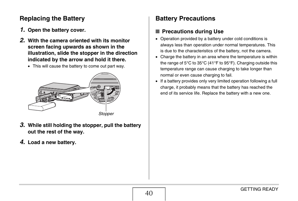 Replacing the battery, Battery precautions, Replacing the battery 1 | Casio EX-Z1050 User Manual | Page 40 / 252