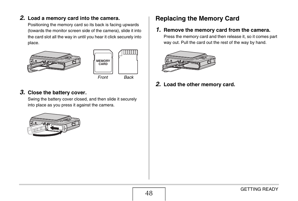 Replacing the memory card | Casio EX-Z1050 User Manual | Page 48 / 252