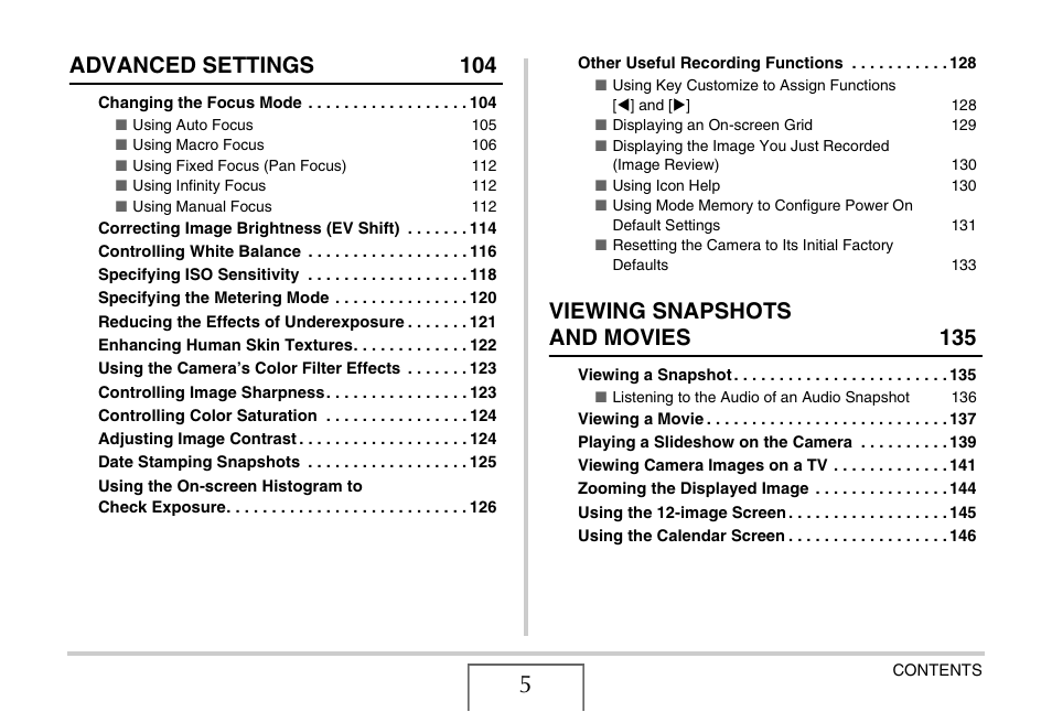 Advanced settings 104, Viewing snapshots and movies 135 | Casio EX-Z1050 User Manual | Page 5 / 252