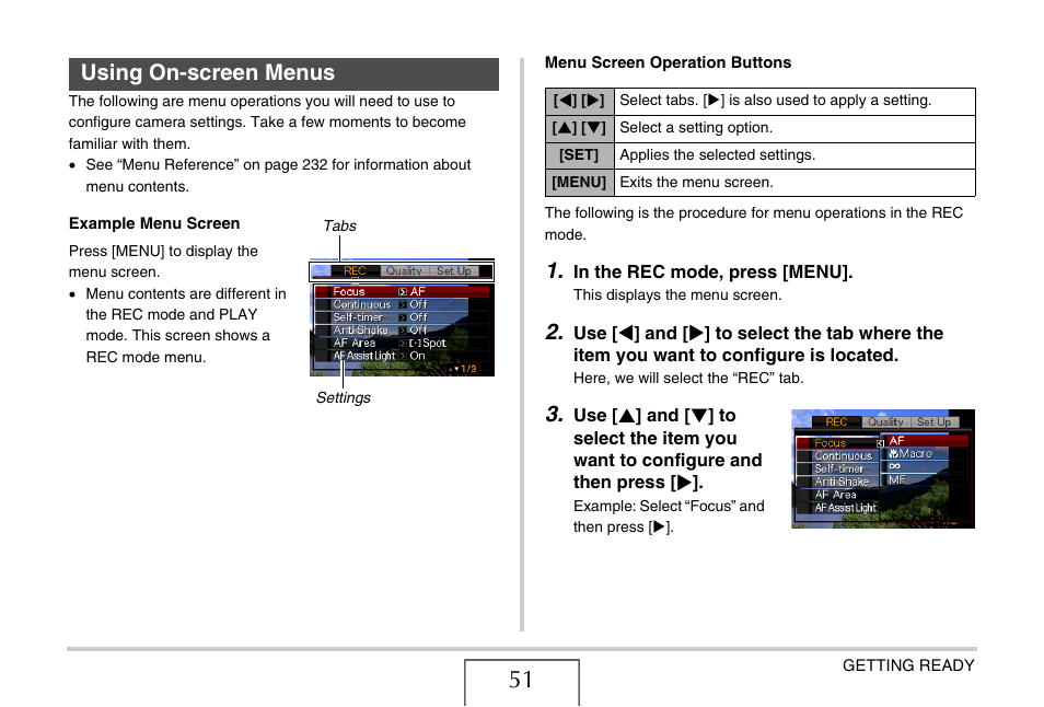 Using on-screen menus | Casio EX-Z1050 User Manual | Page 51 / 252