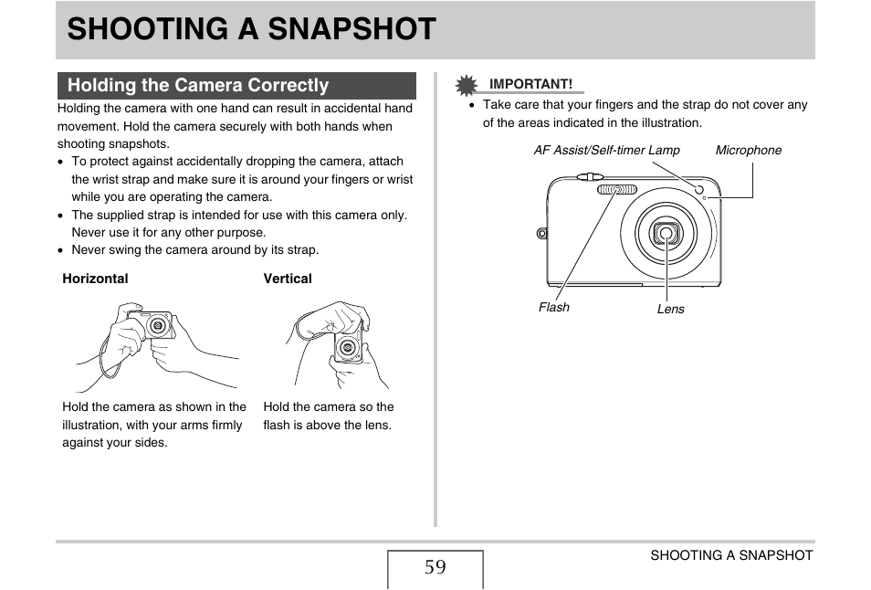 Shooting a snapshot, Holding the camera correctly | Casio EX-Z1050 User Manual | Page 59 / 252