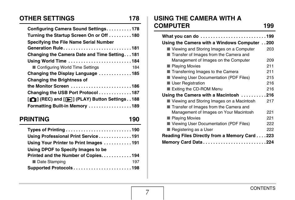 Other settings 178, Printing 190, Using the camera with a computer 199 | Casio EX-Z1050 User Manual | Page 7 / 252