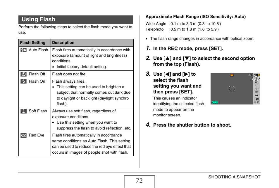 Using flash, E 72) | Casio EX-Z1050 User Manual | Page 72 / 252