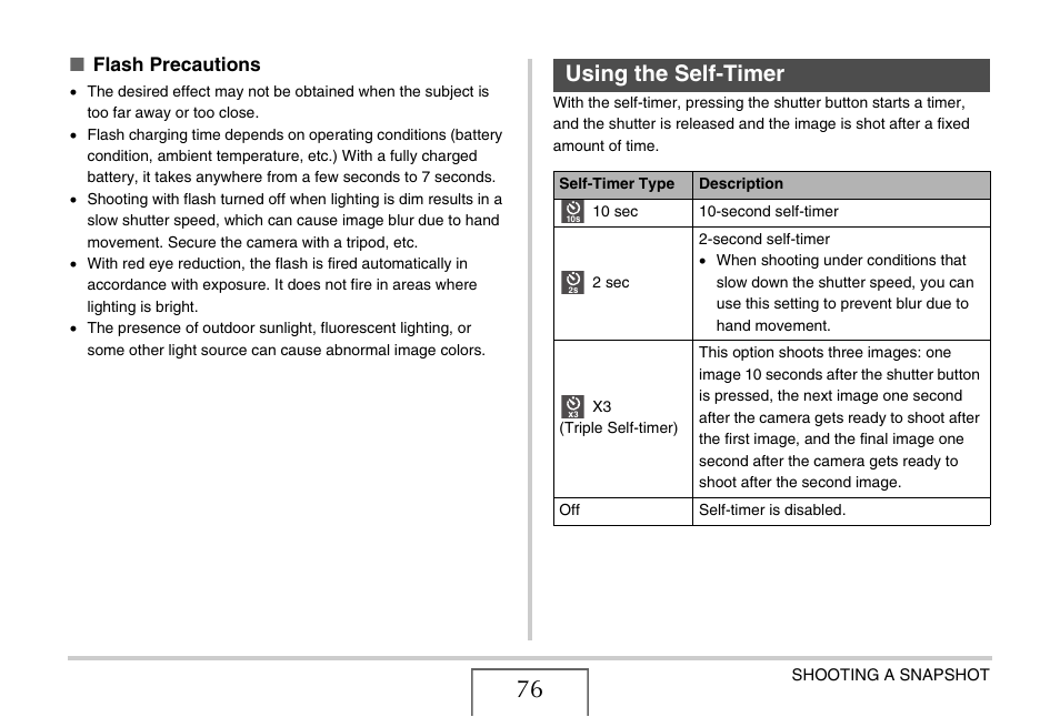 Using the self-timer, E 76, Flash precautions | Casio EX-Z1050 User Manual | Page 76 / 252