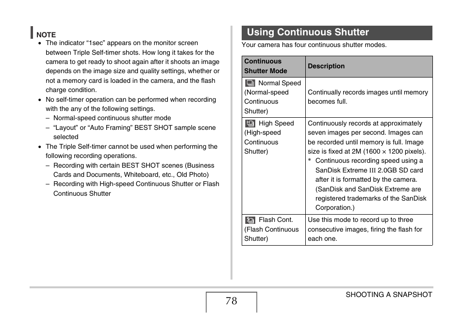 Using continuous shutter | Casio EX-Z1050 User Manual | Page 78 / 252