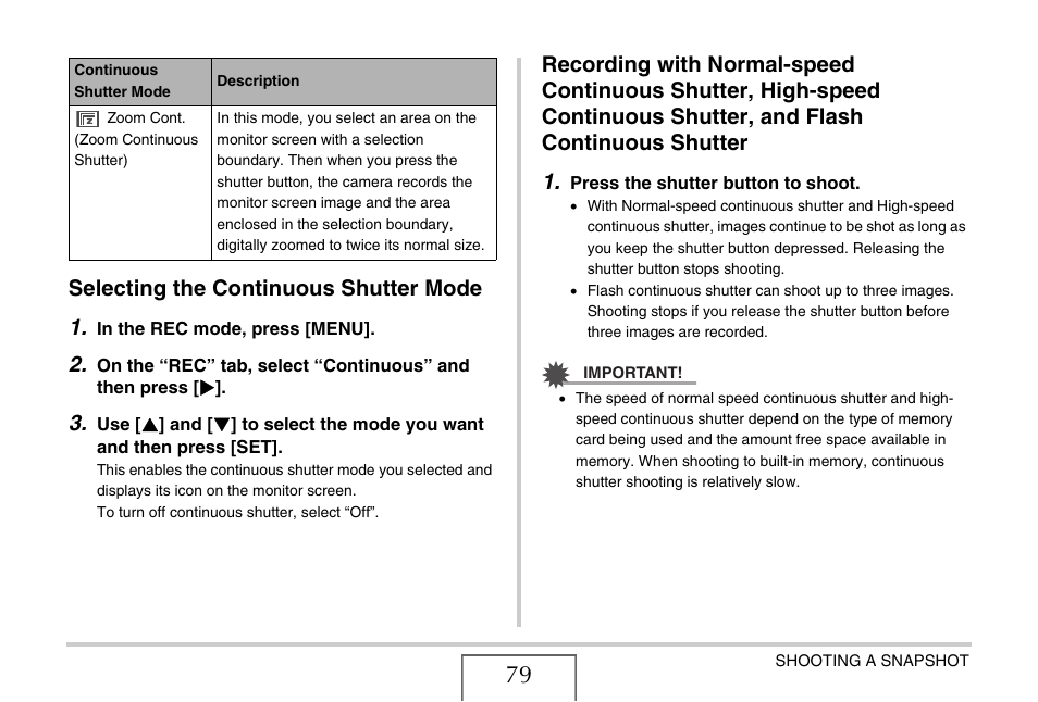 Selecting the continuous shutter mode, Selecting the continuous shutter mode 1 | Casio EX-Z1050 User Manual | Page 79 / 252