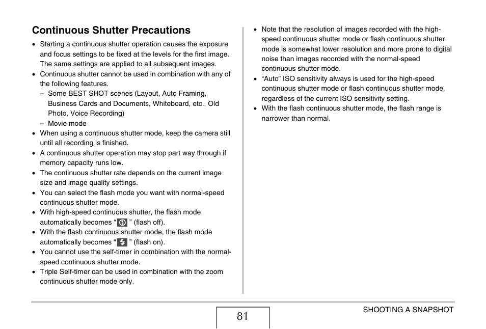 Continuous shutter precautions | Casio EX-Z1050 User Manual | Page 81 / 252