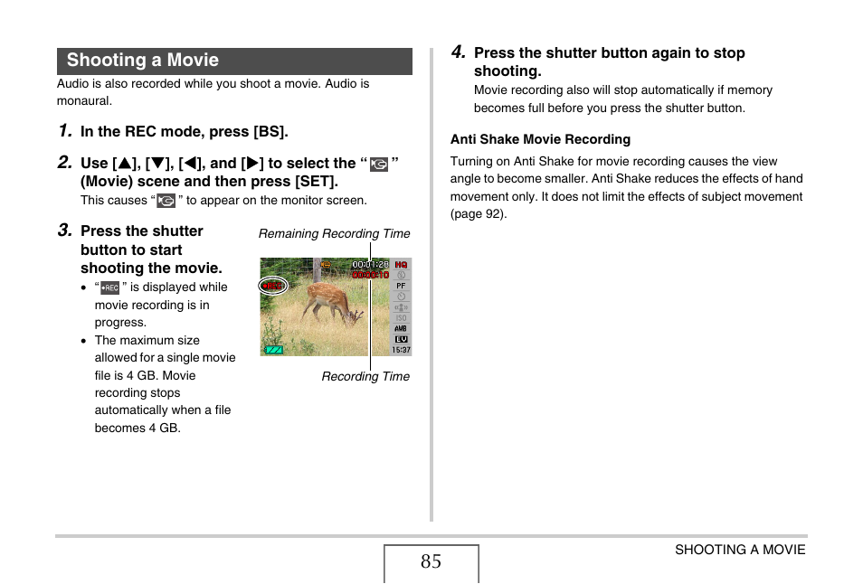 Shooting a movie | Casio EX-Z1050 User Manual | Page 85 / 252