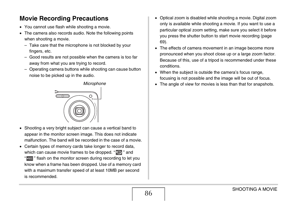 Movie recording precautions | Casio EX-Z1050 User Manual | Page 86 / 252