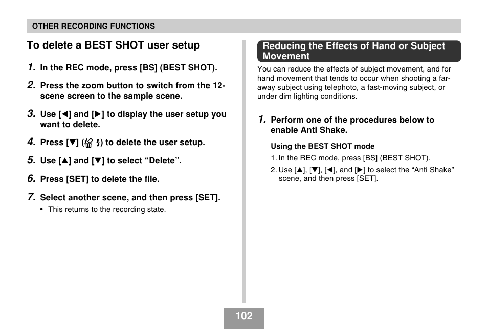 To delete a best shot user setup, Reducing the effects of hand or subject movement | Casio EX-Z60 User Manual | Page 102 / 256