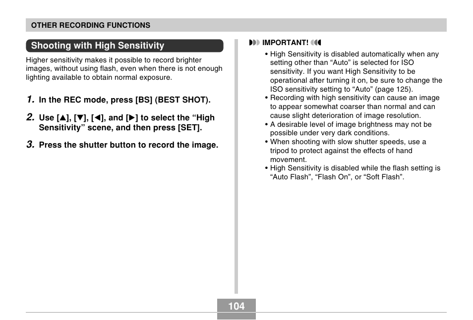 Shooting with high sensitivity | Casio EX-Z60 User Manual | Page 104 / 256