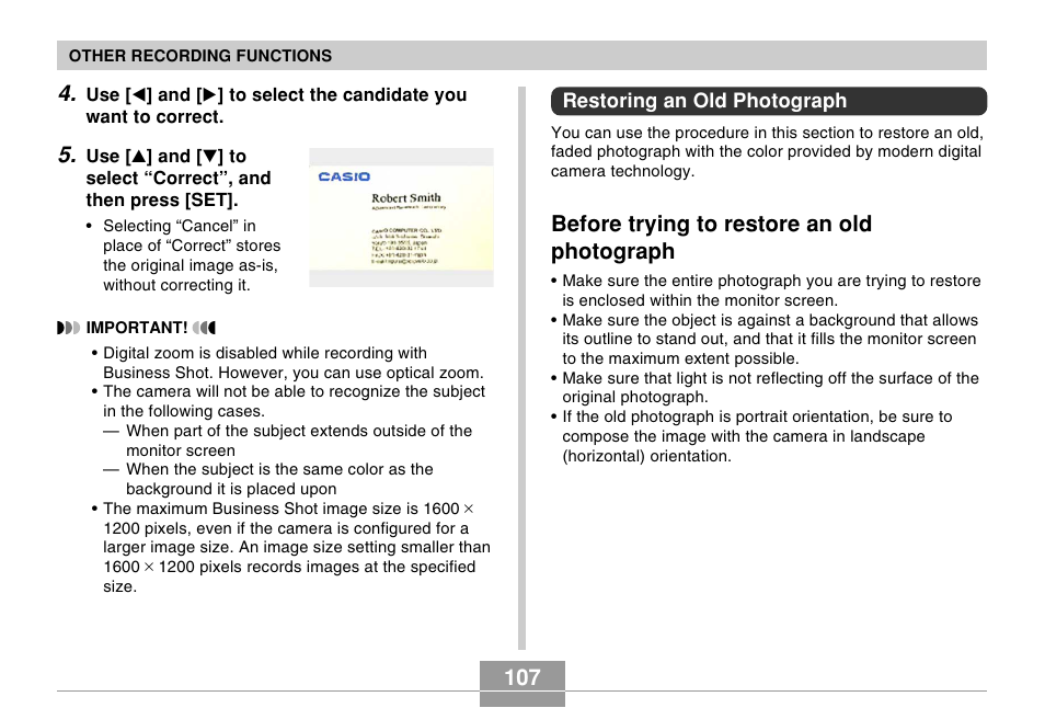 Restoring an old photograph, Before trying to restore an old photograph | Casio EX-Z60 User Manual | Page 107 / 256