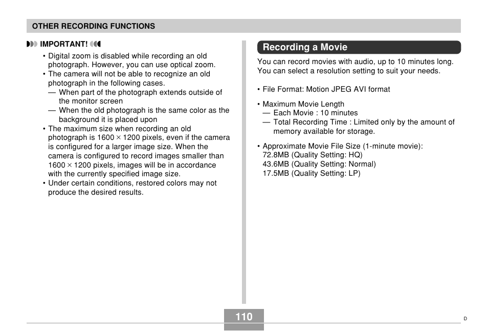 Recording a movie | Casio EX-Z60 User Manual | Page 110 / 256