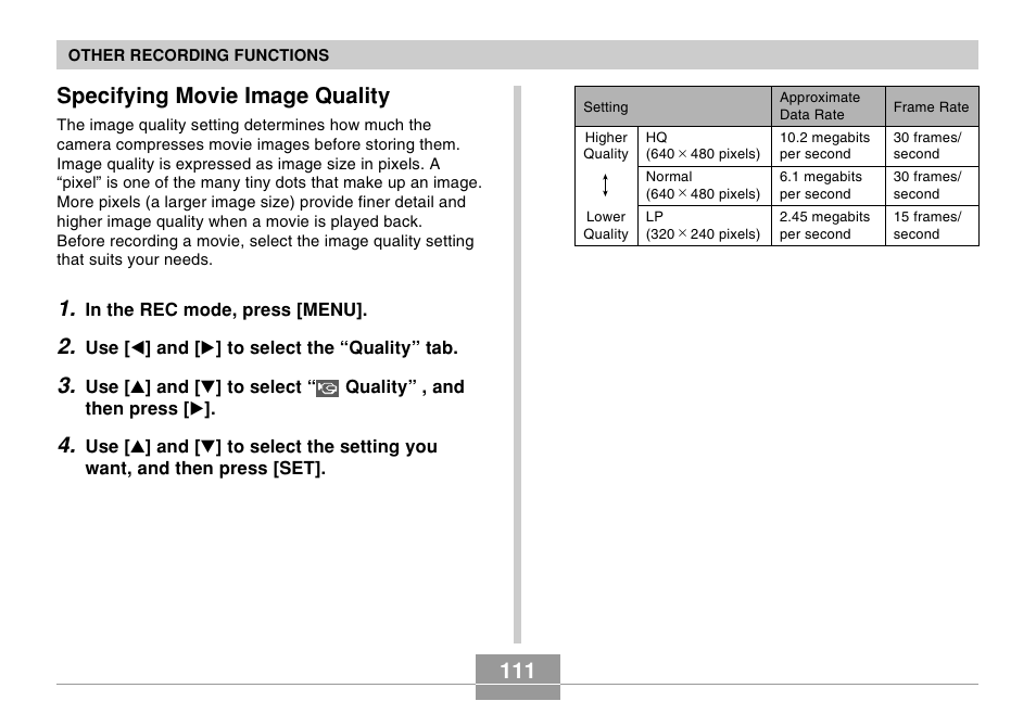 Specifying movie image quality, 111 specifying movie image quality | Casio EX-Z60 User Manual | Page 111 / 256