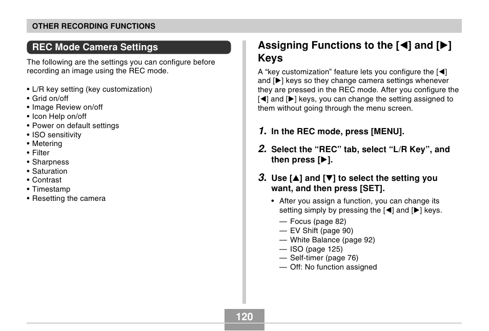 Rec mode camera settings, Assigning functions to the [<] and [>] keys, Assigning functions to the [ ̇ ] and [ ̈ ] keys | Casio EX-Z60 User Manual | Page 120 / 256
