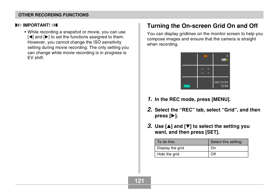 Turning the on-screen grid on and off | Casio EX-Z60 User Manual | Page 121 / 256