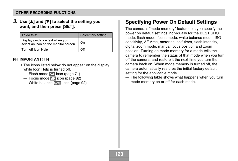 Specifying power on default settings, 123 specifying power on default settings | Casio EX-Z60 User Manual | Page 123 / 256