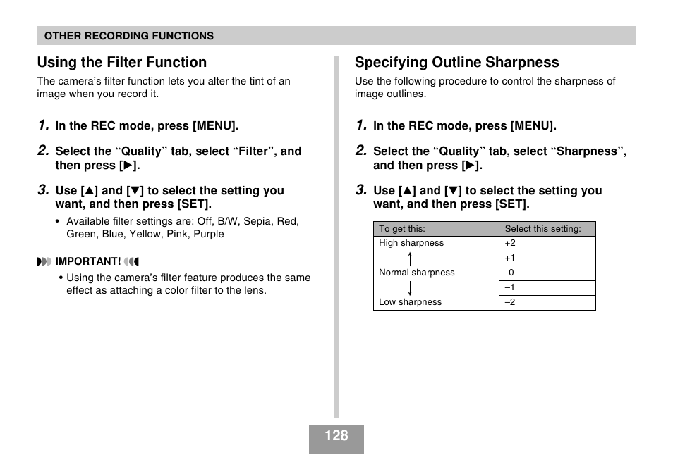 Using the filter function, Specifying outline sharpness, 128 using the filter function | Casio EX-Z60 User Manual | Page 128 / 256