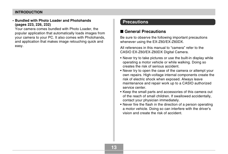 Precautions | Casio EX-Z60 User Manual | Page 13 / 256