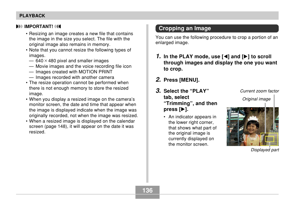 Cropping an image | Casio EX-Z60 User Manual | Page 136 / 256