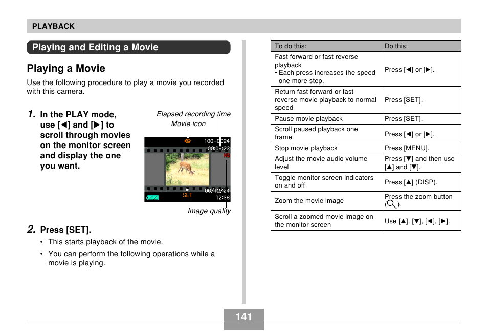 Playing and editing a movie, Playing a movie | Casio EX-Z60 User Manual | Page 141 / 256