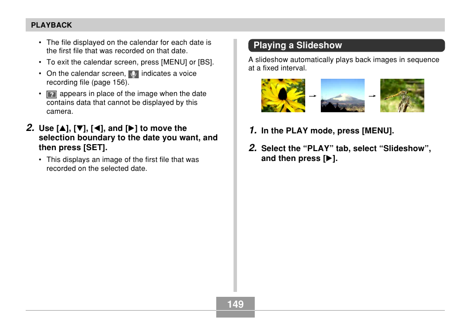 Playing a slideshow | Casio EX-Z60 User Manual | Page 149 / 256