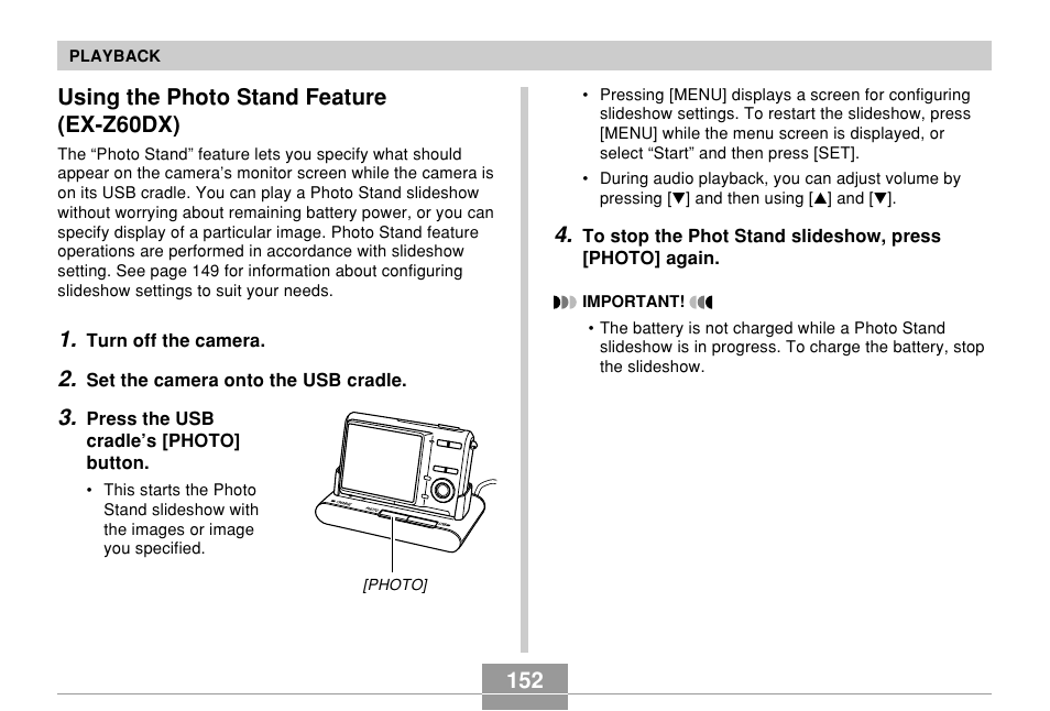 Using the photo stand feature (ex-z60dx) | Casio EX-Z60 User Manual | Page 152 / 256