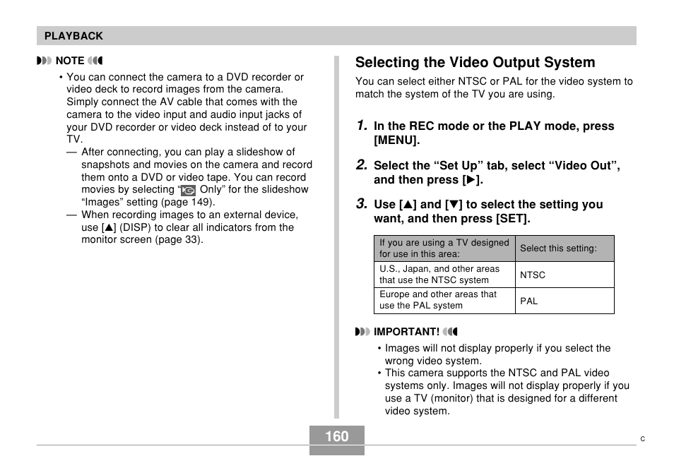 Selecting the video output system | Casio EX-Z60 User Manual | Page 160 / 256