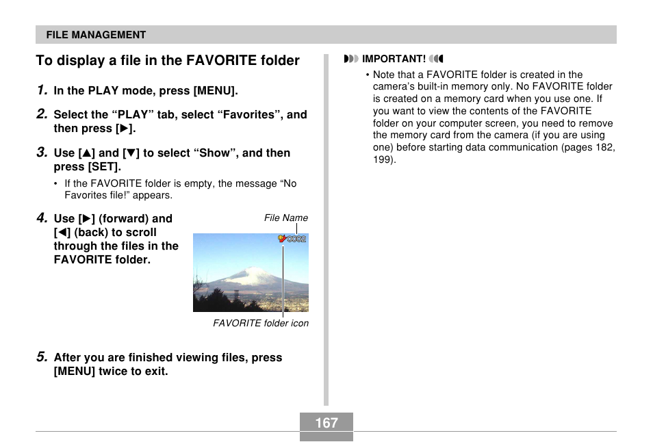 To display a file in the favorite folder, 167 to display a file in the favorite folder 1 | Casio EX-Z60 User Manual | Page 167 / 256