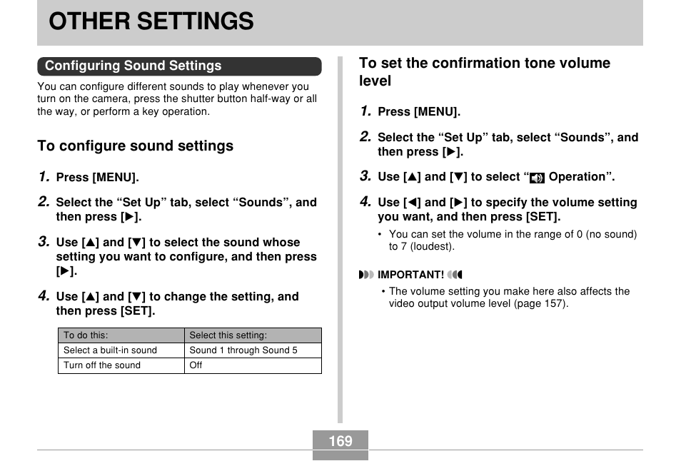 Other settings, Configuring sound settings, To configure sound settings | To set the confirmation tone volume level | Casio EX-Z60 User Manual | Page 169 / 256